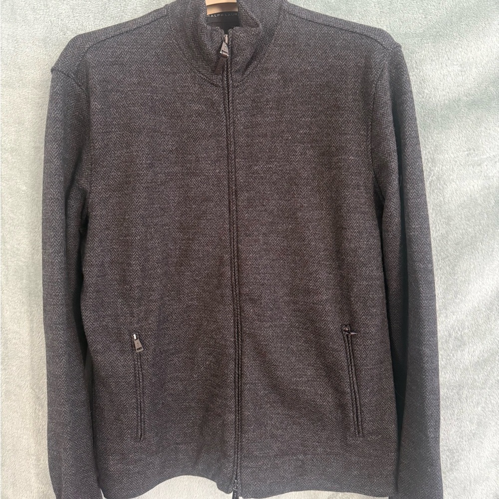 Ralph Lauren Gray Herringbone double Zip Up Sweater with Knit Fabric zip cuffs